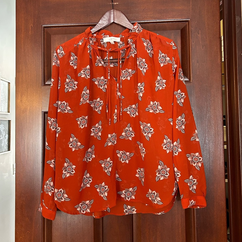LOFT Rust Floral Tie-Neck Long Sleeve Blouse Boho Top